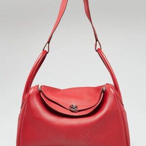 Hermes 34cm Rouge Casaque Clemence Leather Palladium Plated Lindy Bag